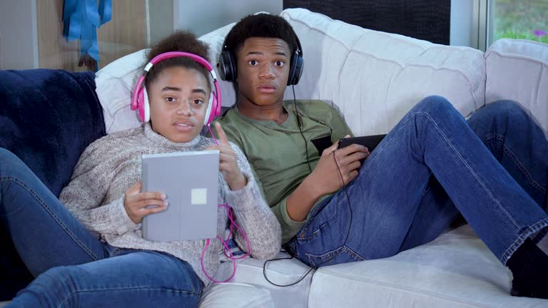 Teenage twins using digital tablets